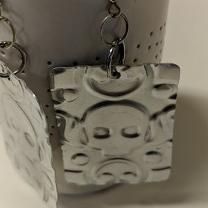 Skull Hippie Embossed Silver Earrings Square OOAK